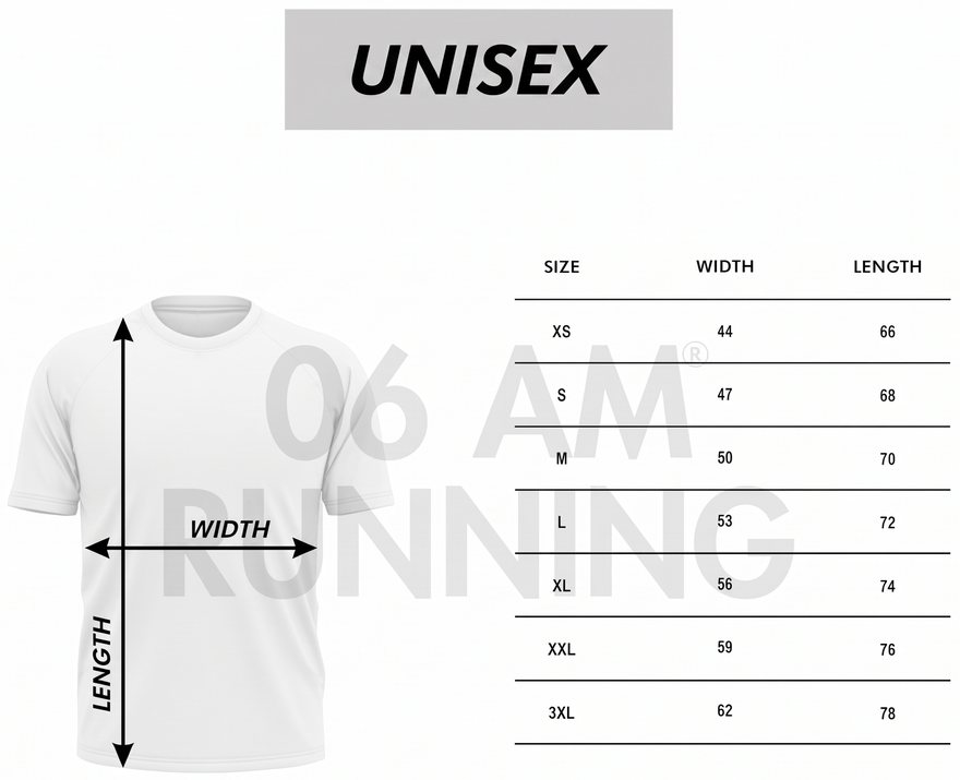 Panduan jersey unisex MOTR: ilustrasi potongan jersey dengan penanda WIDTH (lebar dada) dan LENGTH (panjang badan), disertai tabel ukuran XS sampai 3XL.